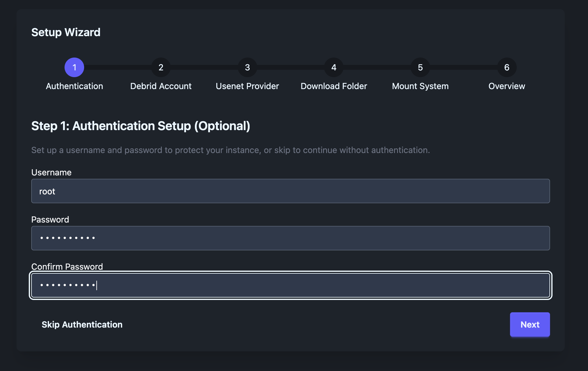 Setup wizard authentication screen
