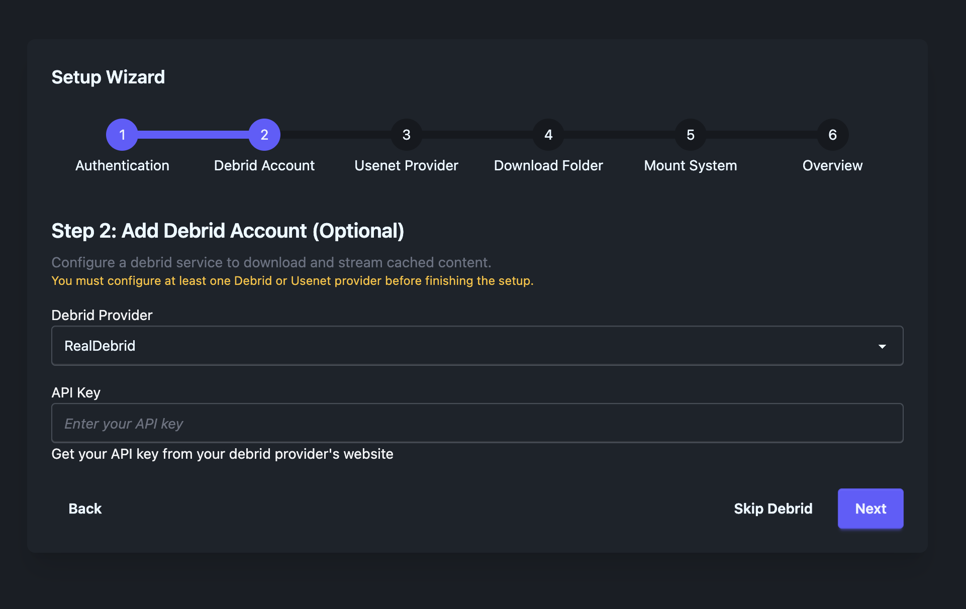 Setup wizard debrid providers screen