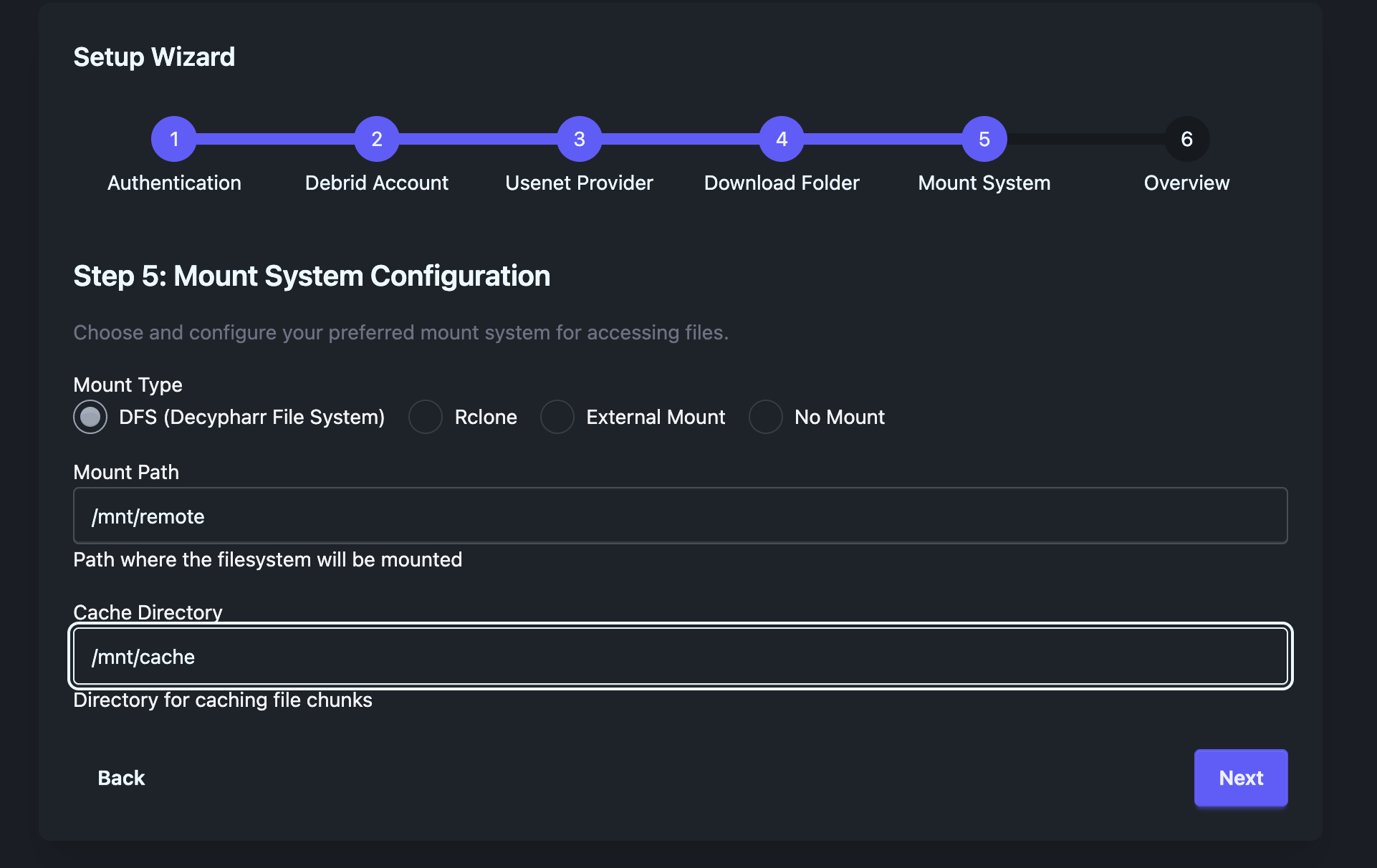 Setup wizard mount type selection screen