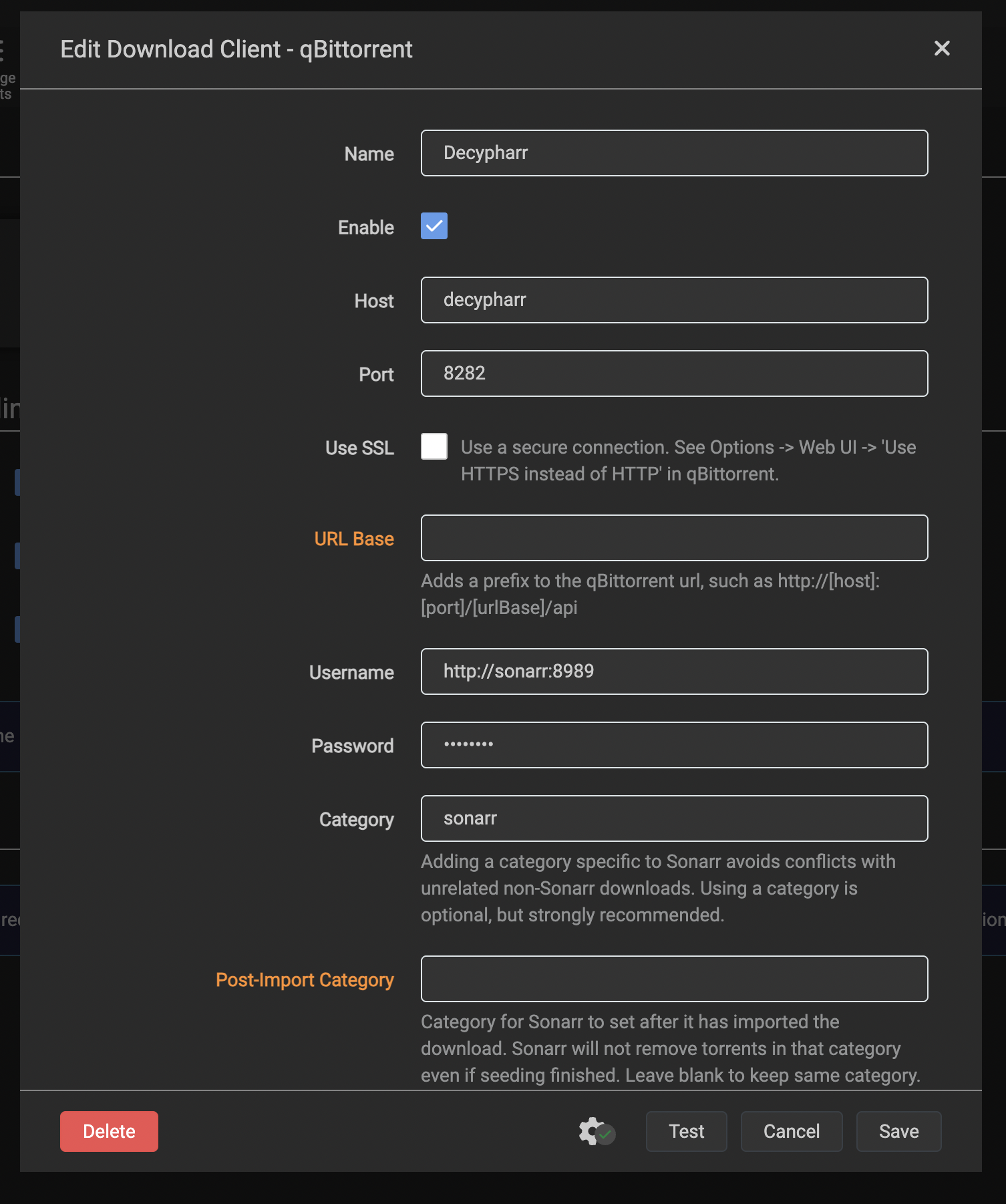 Sonarr download client configuration for qBittorrent
