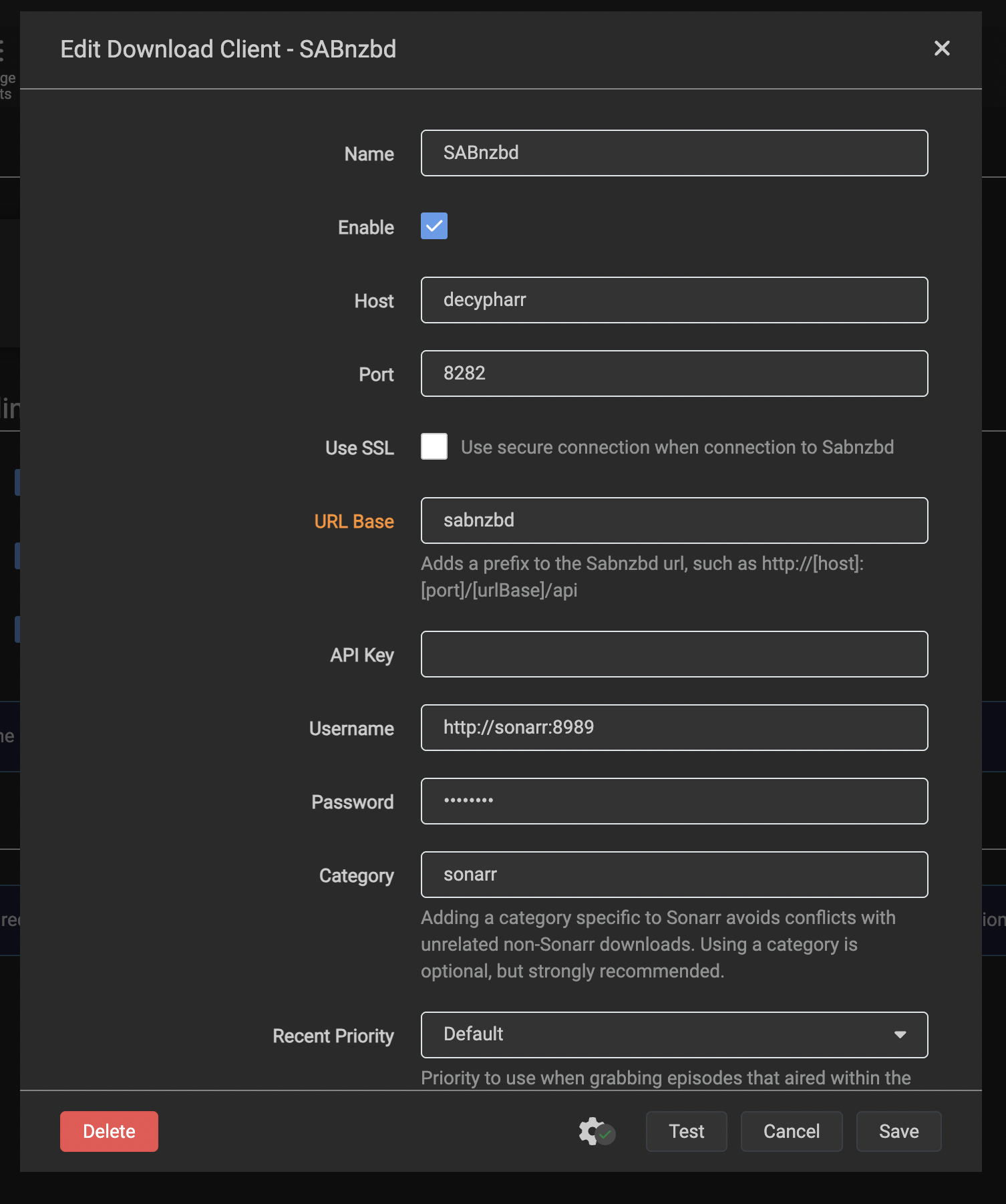 Sonarr download client configuration for Sabnzbd