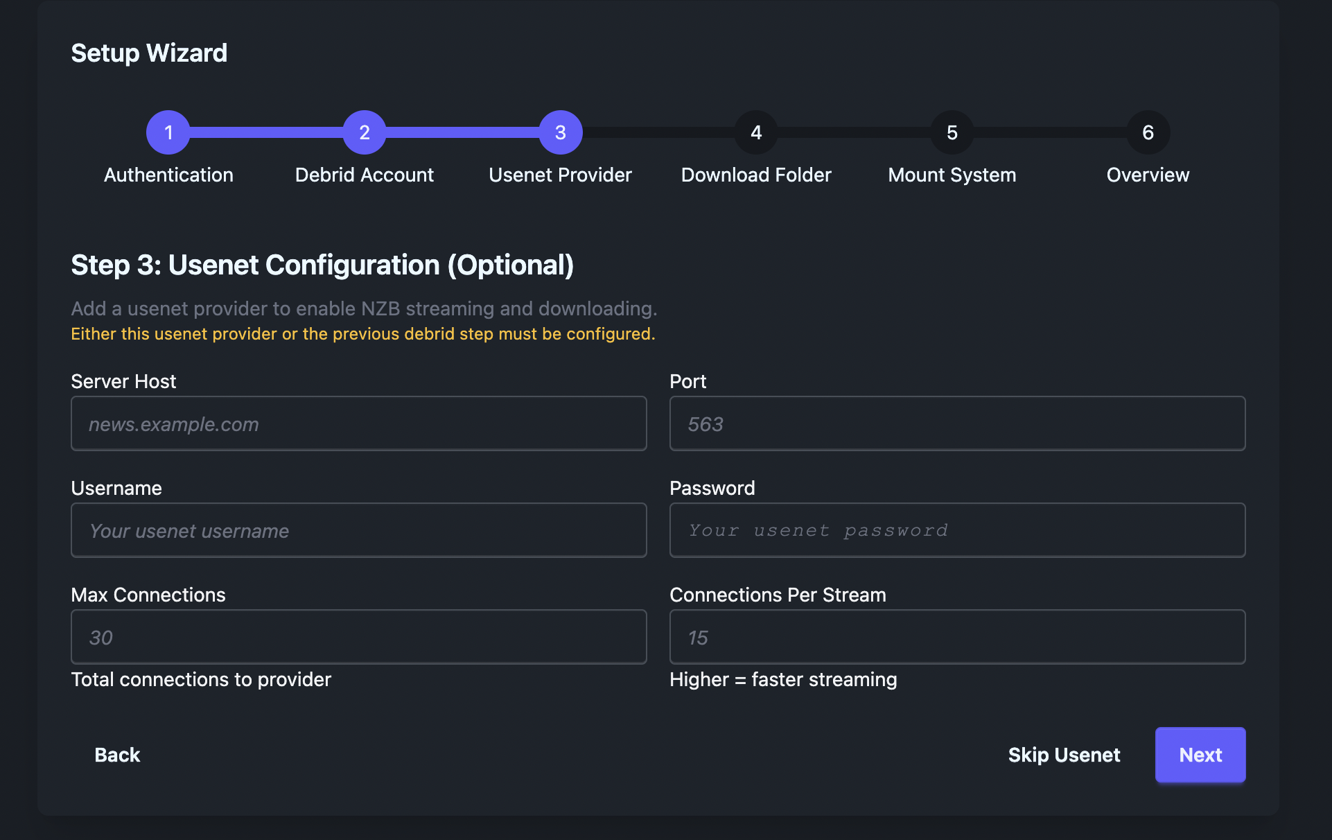 Setup wizard Usenet configuration screen